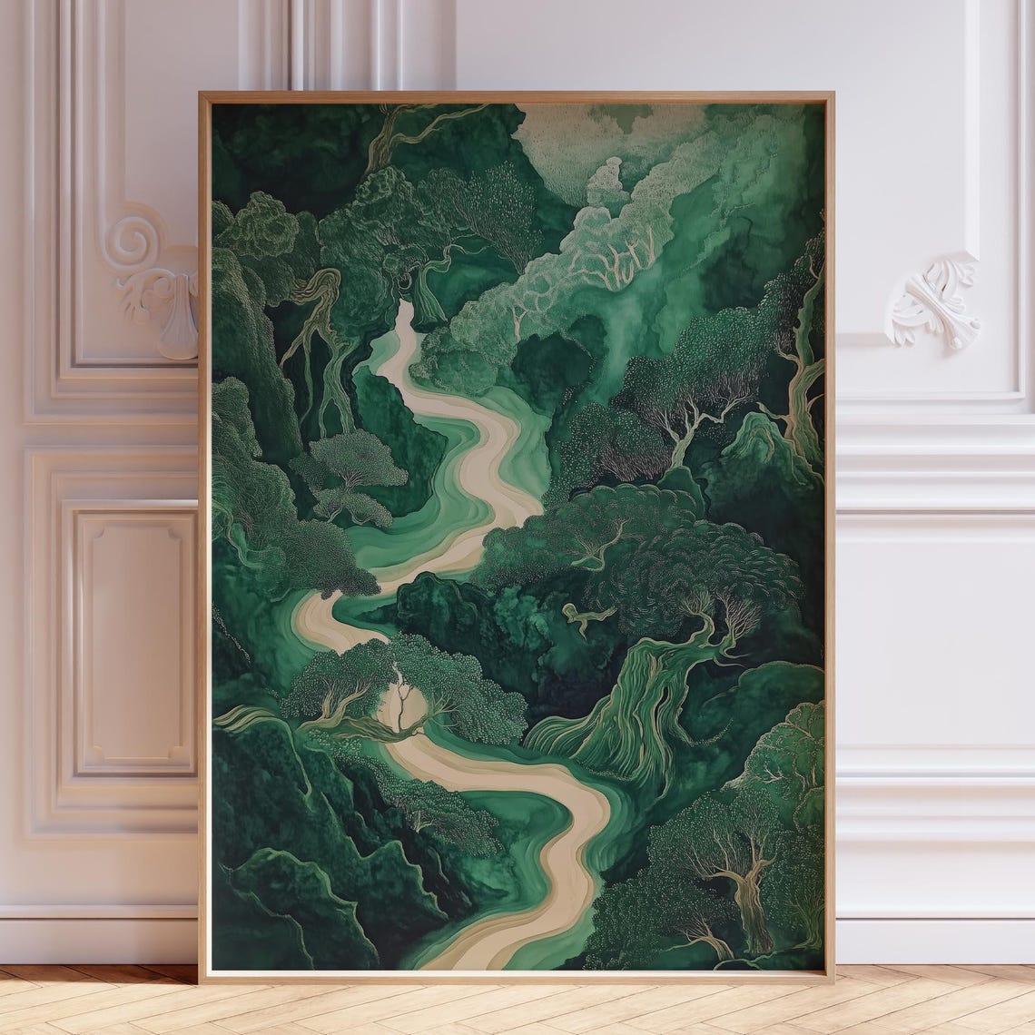 Light Emerald River Winding Through Green Forest Japandi Zen Poster