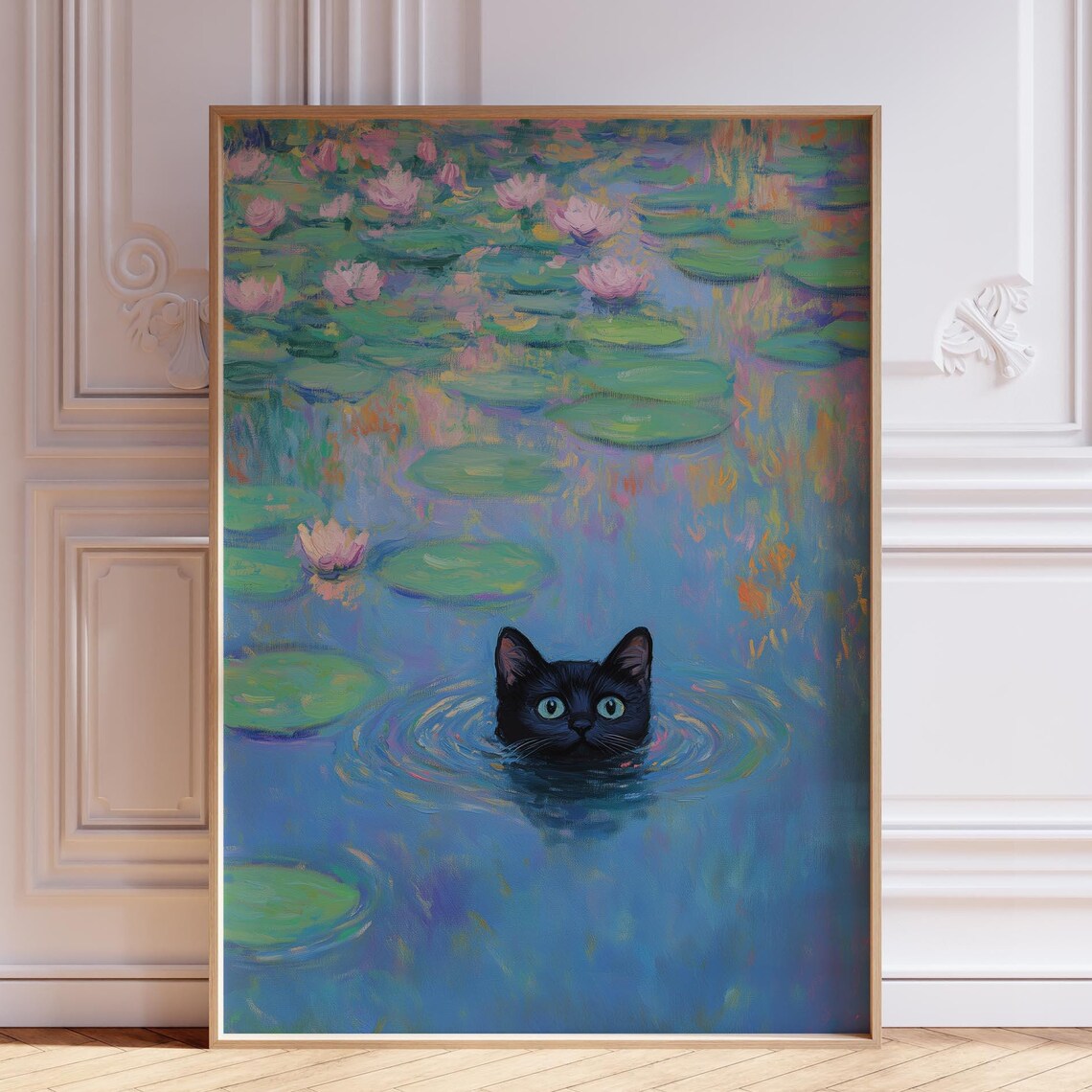 Black Cat Swimming Among Water Lilies Monet Style Funny Cat Poster