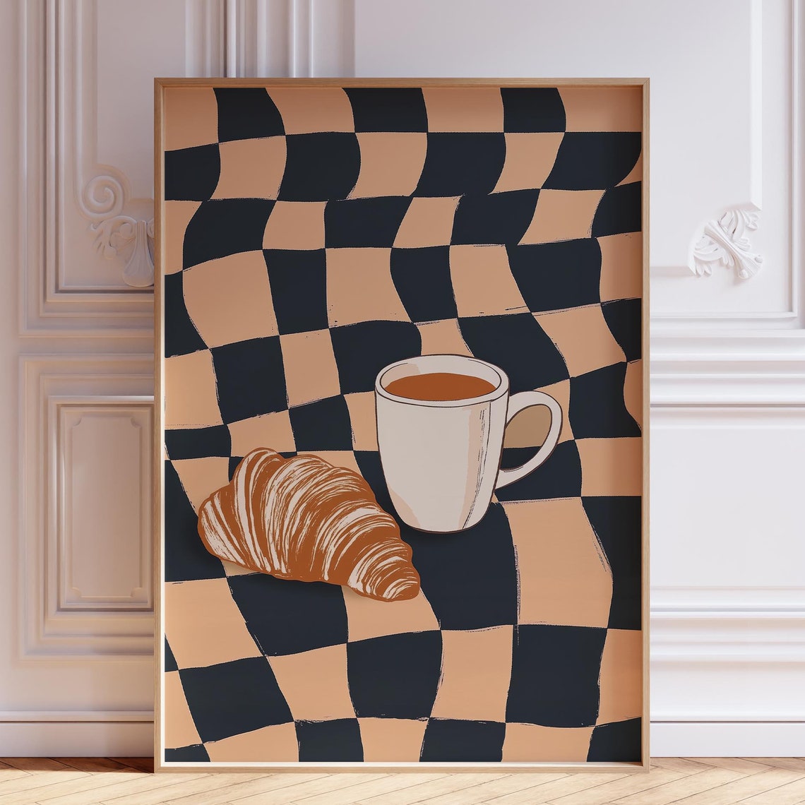 Coffee Mug and Croissant Retro Checkerboard Kitchen Decor Poster