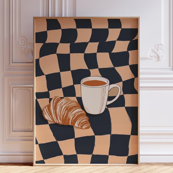 Illustrated Coffee Mug and Croissant Poster on Brown Checkerboard
