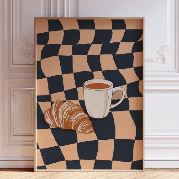 Retro Coffee Poster And Croissant Print Checkered Kitchen Cup Food Drink