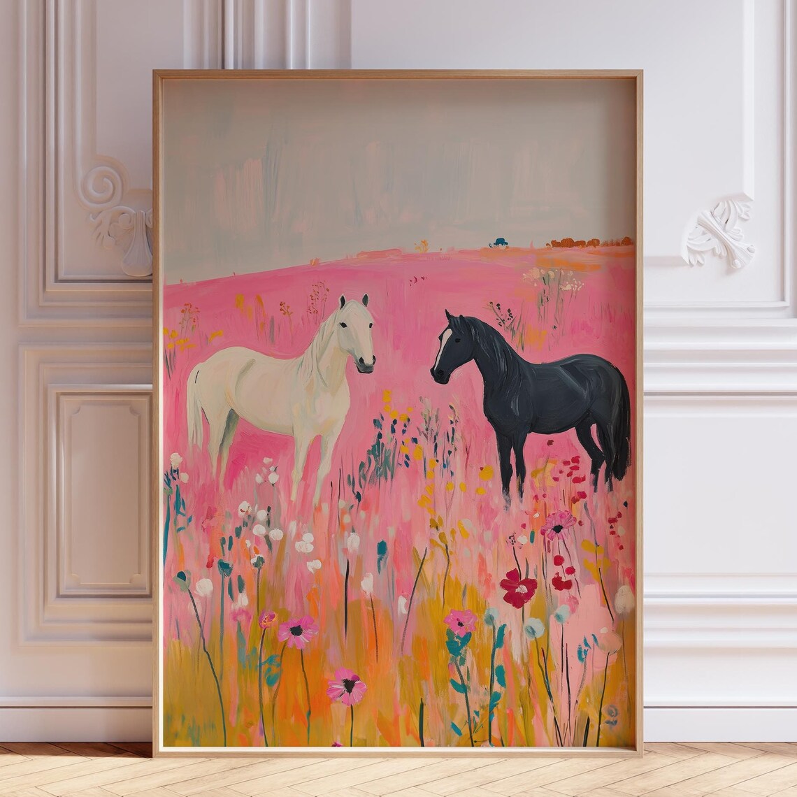 White And Black Horses Among Pink Wildflowers Coastal Nursery Wall Poster
