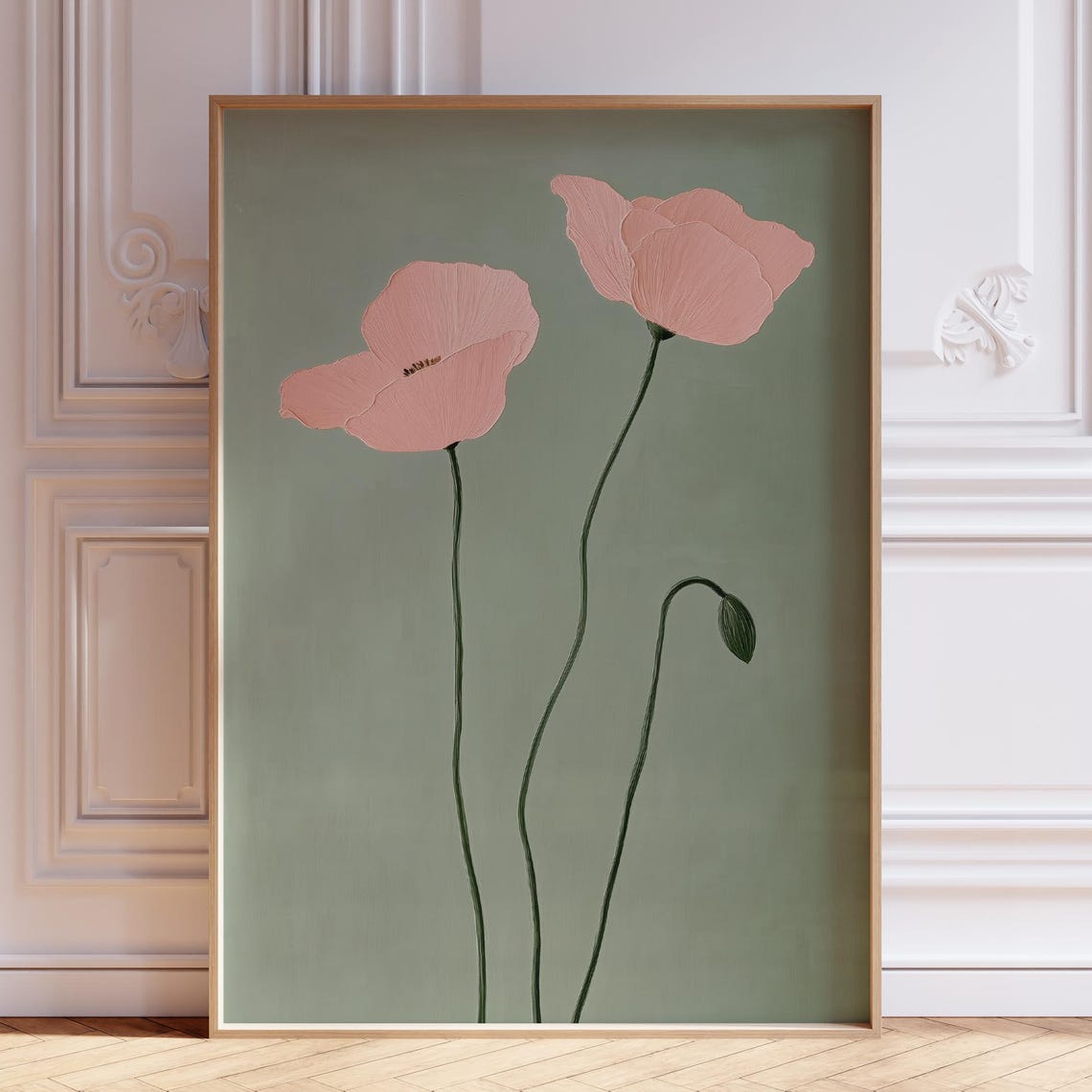 Sage Green Pink Poppy Duo Minimalist Botanical Floral Painting Poster