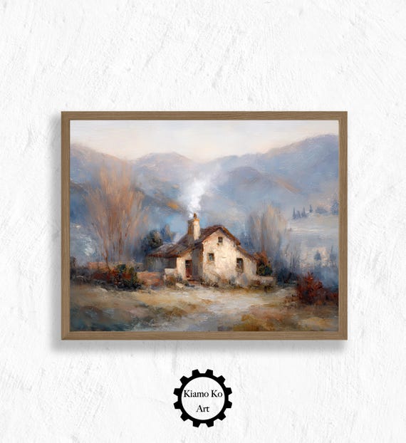 Rustic Mountain House Art Print Cozy Landscape Decor Vintage Wall Nature Scene Home