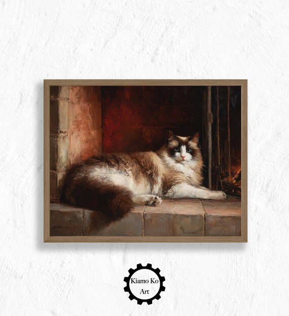 Fluffy Seal-Point Cat Lounging by a Glowing Fireplace Poster