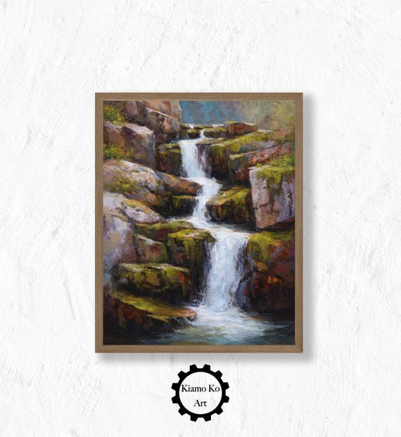 Rustic Mountain Waterfall Art Cozy Landscape Print Nature Decor Home Wall