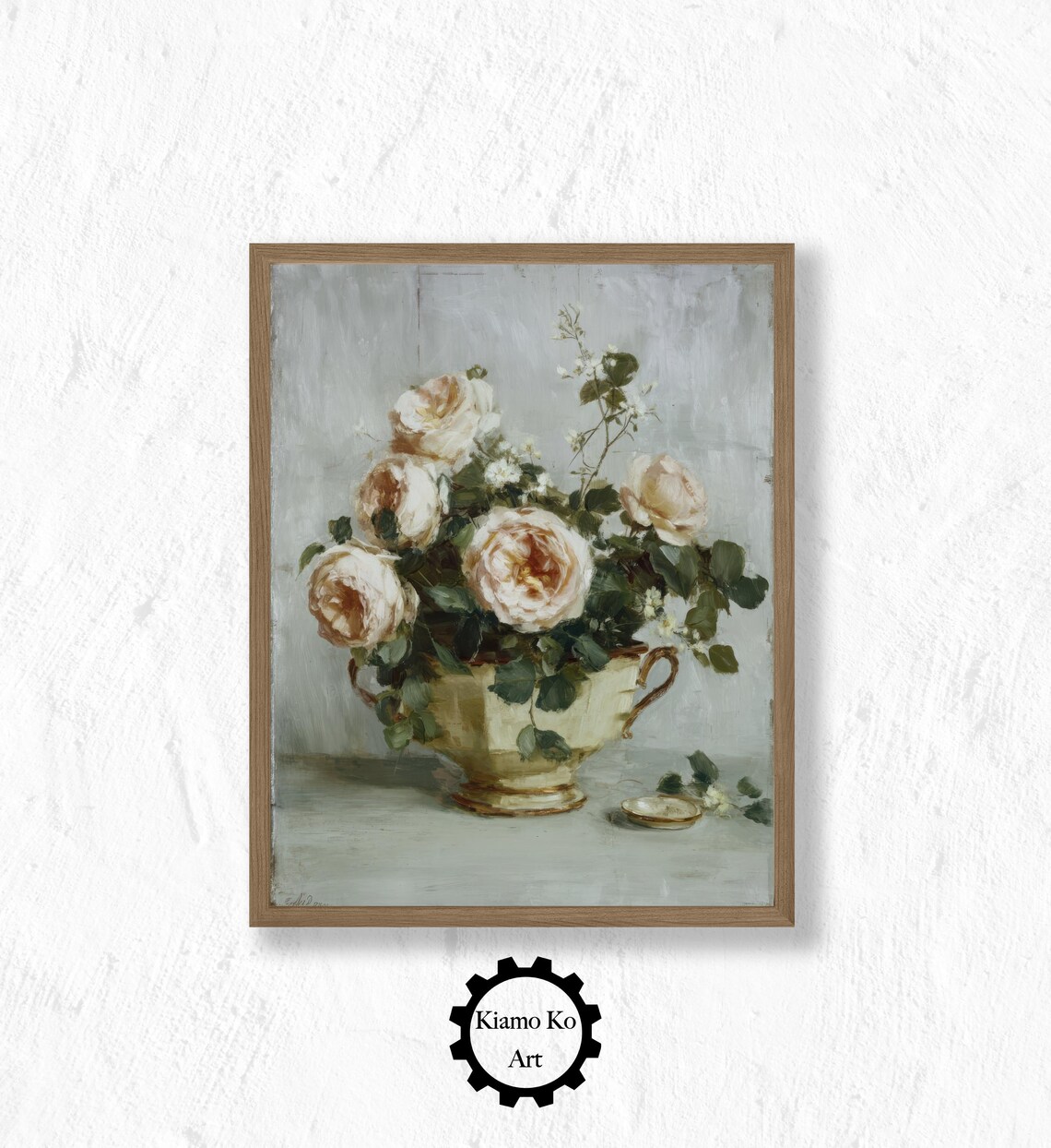 Blush Roses in a Gold Tureen Vintage Style Floral Art Poster