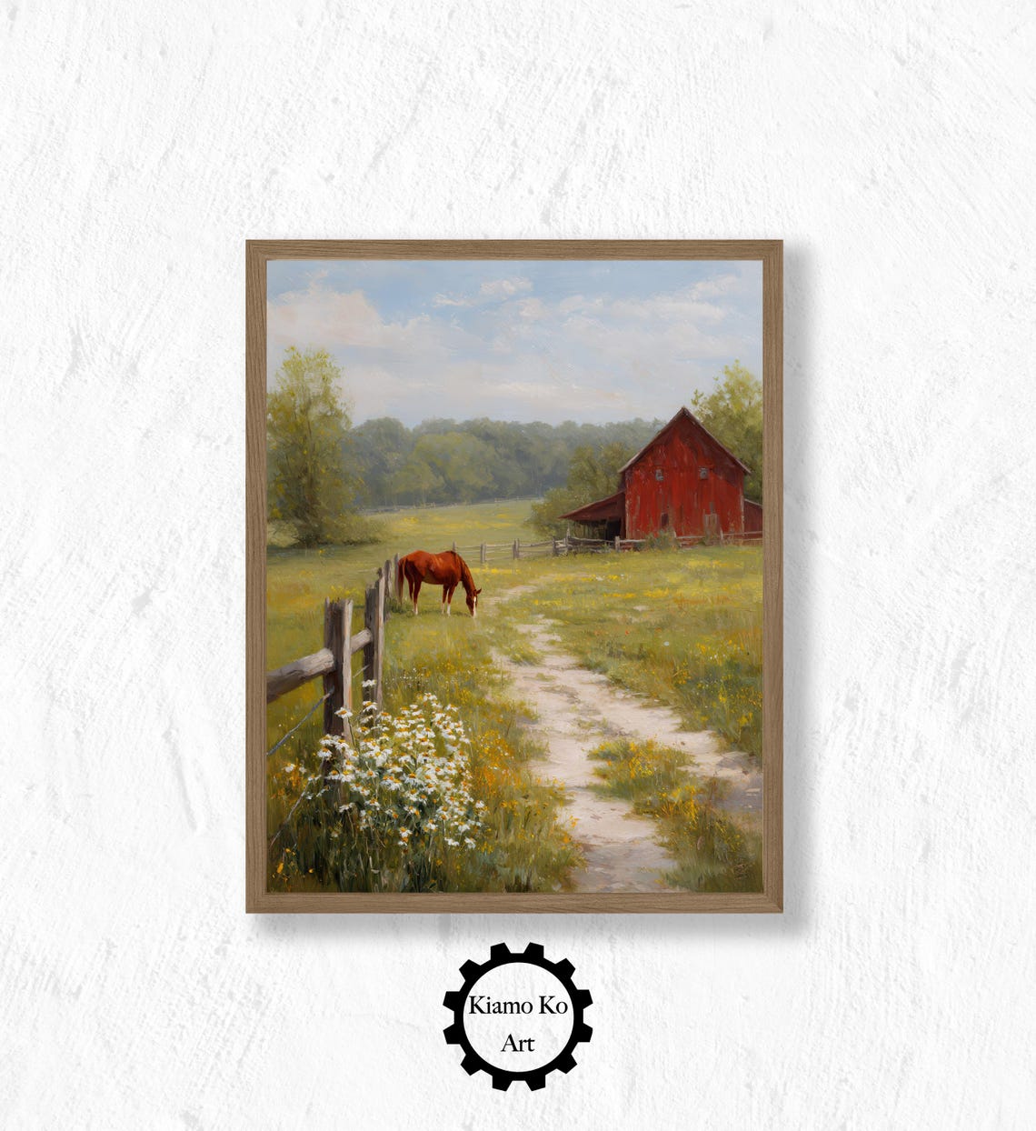 Brown Horse Grazing by a Red Barn in a Flowering Meadow Poster
