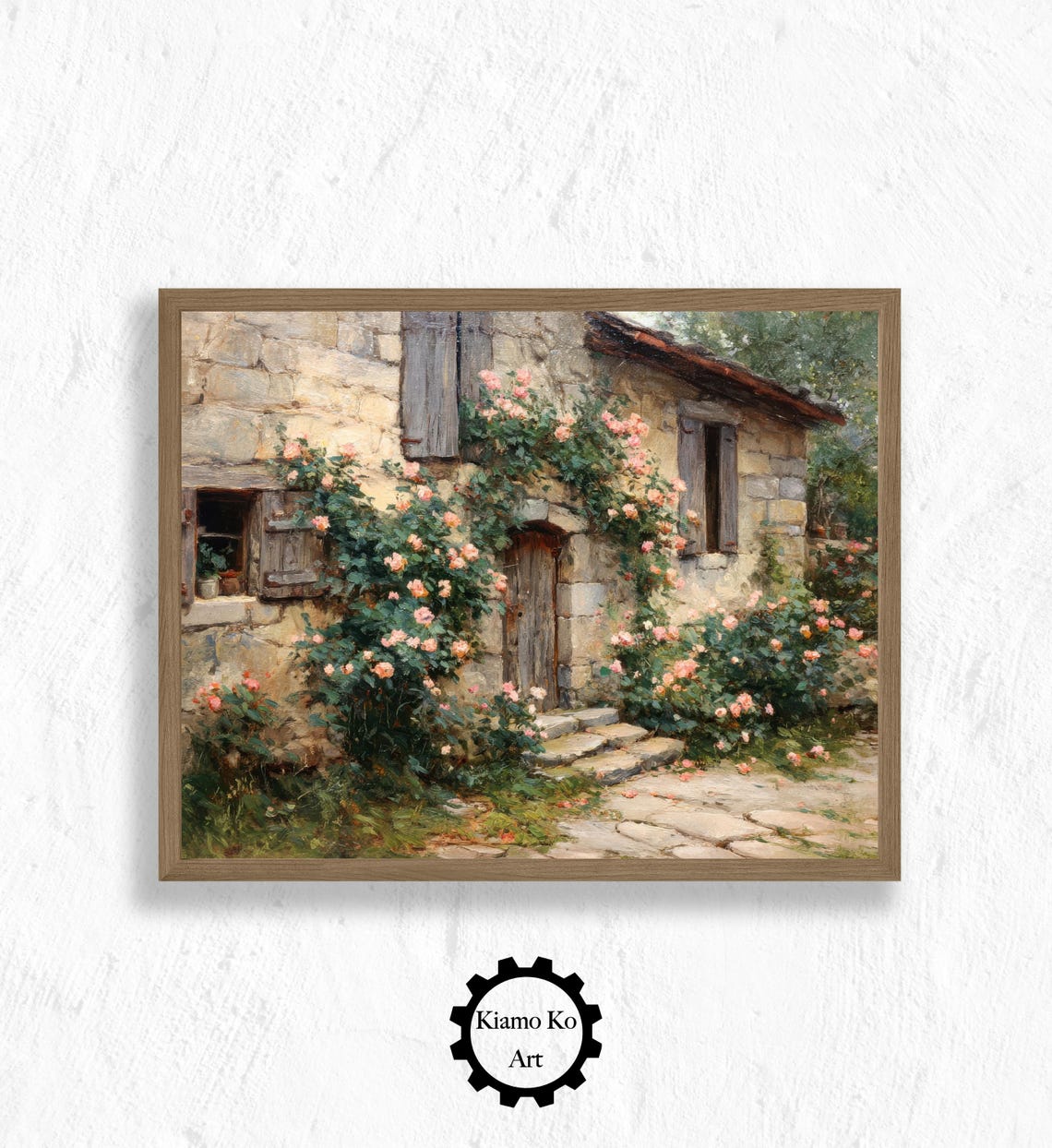 Stone Cottage Covered In Pink Climbing Roses Fairytale Wall Art
