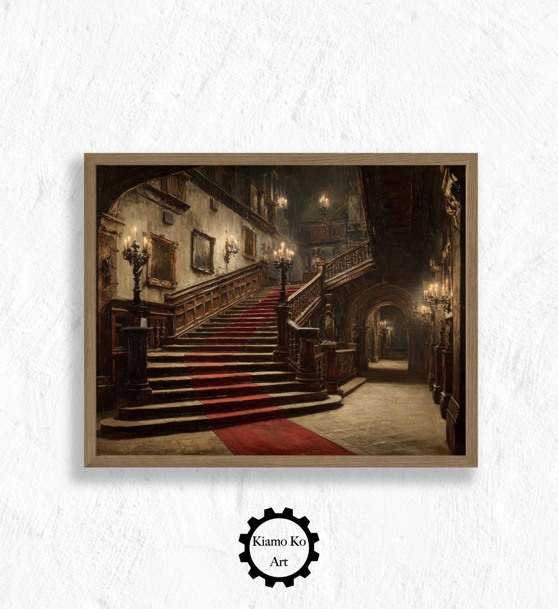 Grand Candlelit Staircase With Red Carpet in a Historic Manor Poster