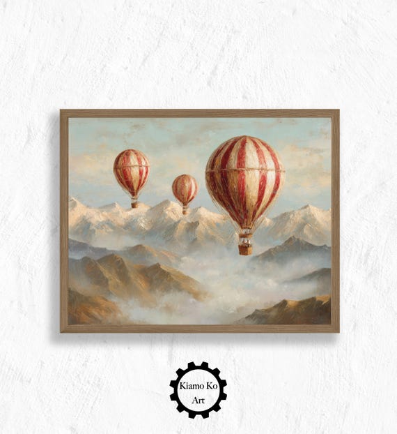 Rustic Mountain Adventure Hot Air Balloons Over Peaks Wall Art Nature Decor Cozy Home