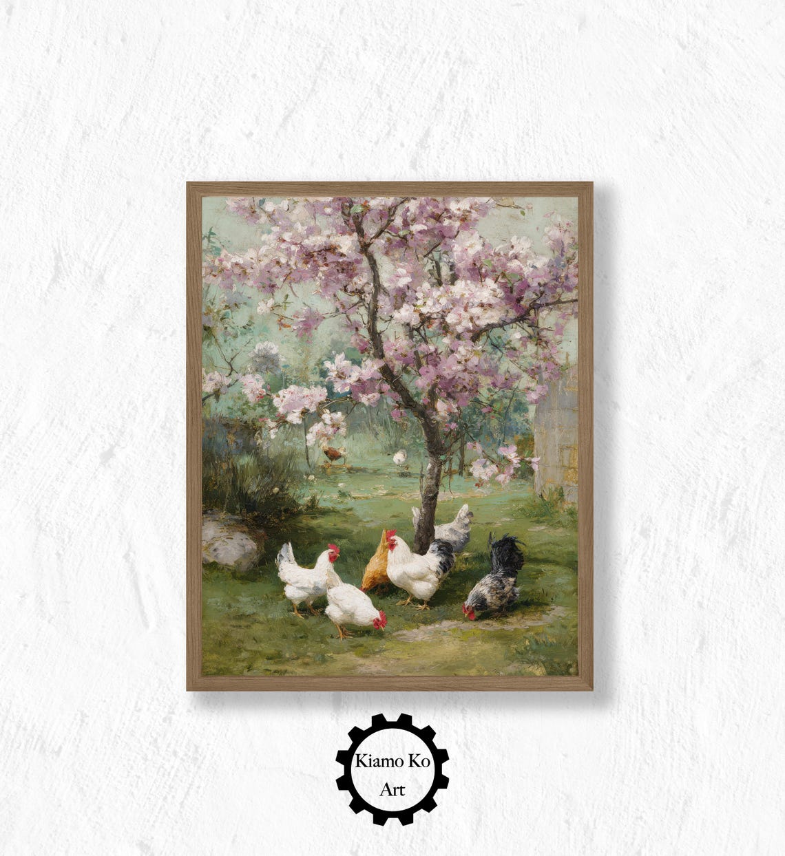 Chickens Under a Blooming Pink Tree in a Spring Garden Poster