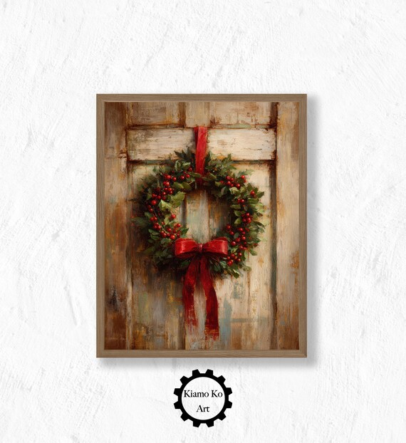 Christmas Wreath With Red Bow On Wooden Door Vintage Art Poster