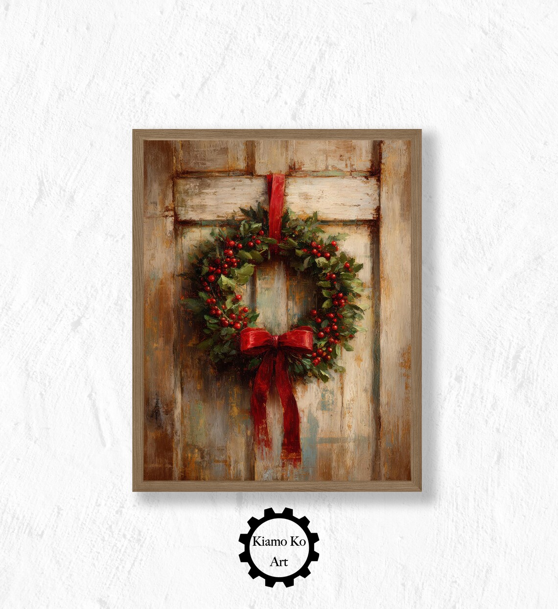 Christmas Wreath With Red Bow On Wooden Door Vintage Art Poster