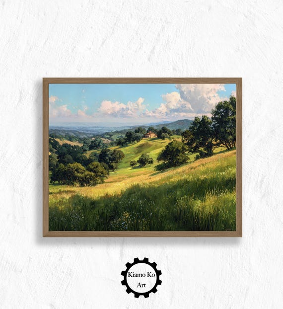 Serene Green Field Landscape Blue Sky Art Print Rustic Home Decor Nature Wall Vintage