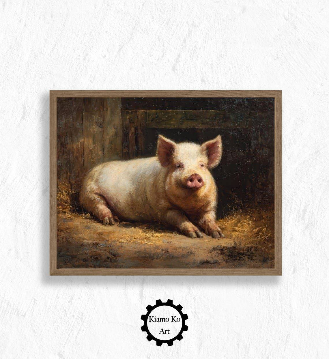 Contented Pink Pig Resting in Golden Straw Inside a Barn Poster