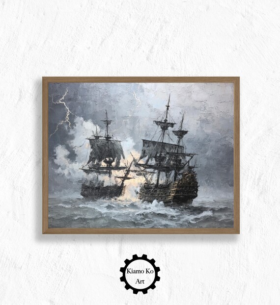 Two Tall Ships Battling in a Storm With Lightning Dramatic Seascape Poster