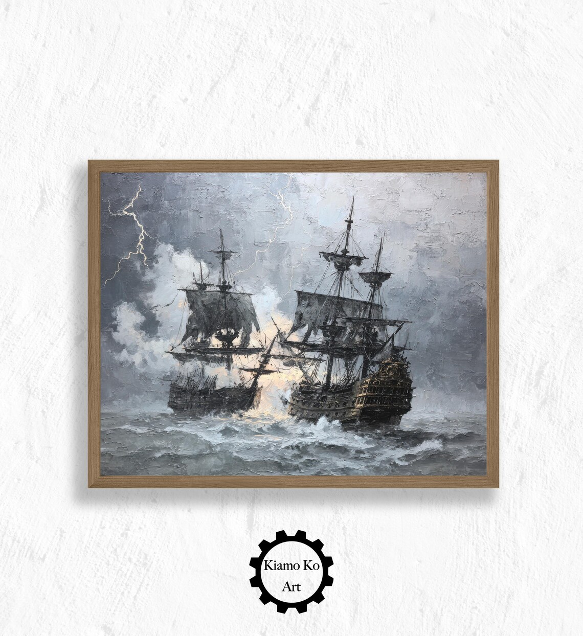 Two Tall Ships Battling in a Storm With Lightning Dramatic Seascape Poster