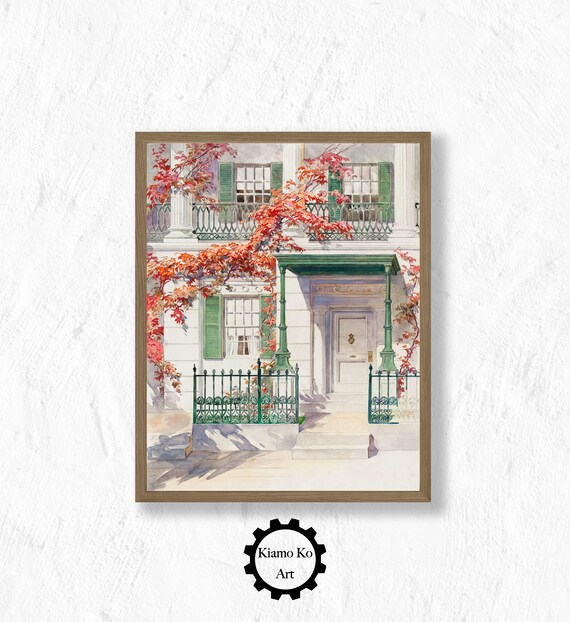 Autumn Red Foliage Elegant Townhouse Green Shutters Vintage Watercolor Poster