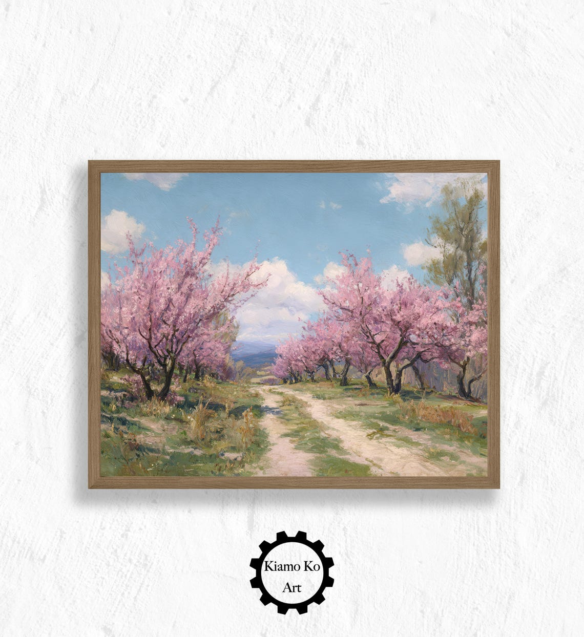 Dirt Road Through a Pink Blossom Orchard Spring Landscape Wall Art