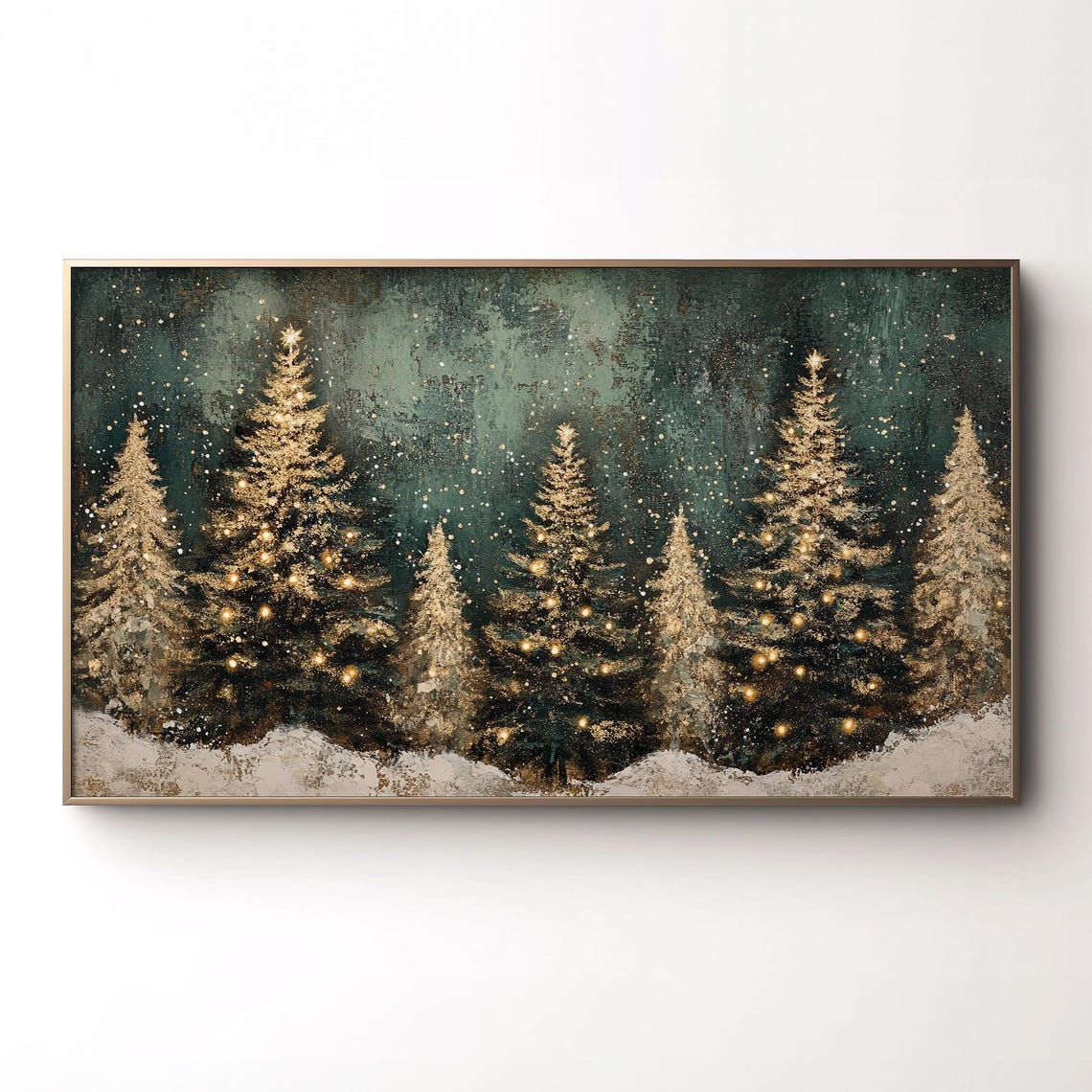 Golden Lit Christmas Trees Snowy Night Dark Green Holiday Poster - Image 2