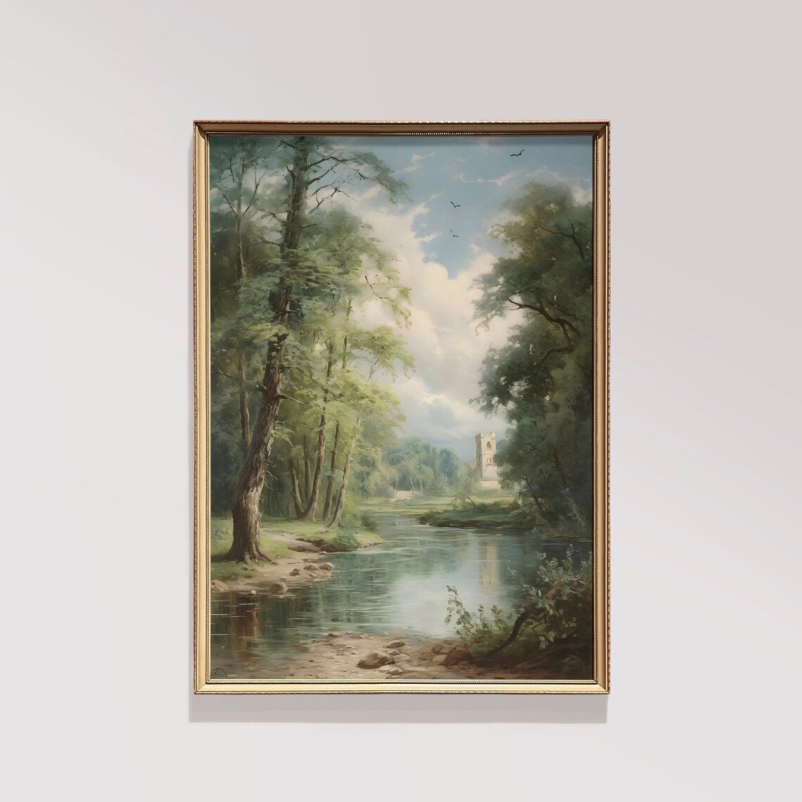 River Through Forest with Distant Church Vintage Landscape Poster - Image 2