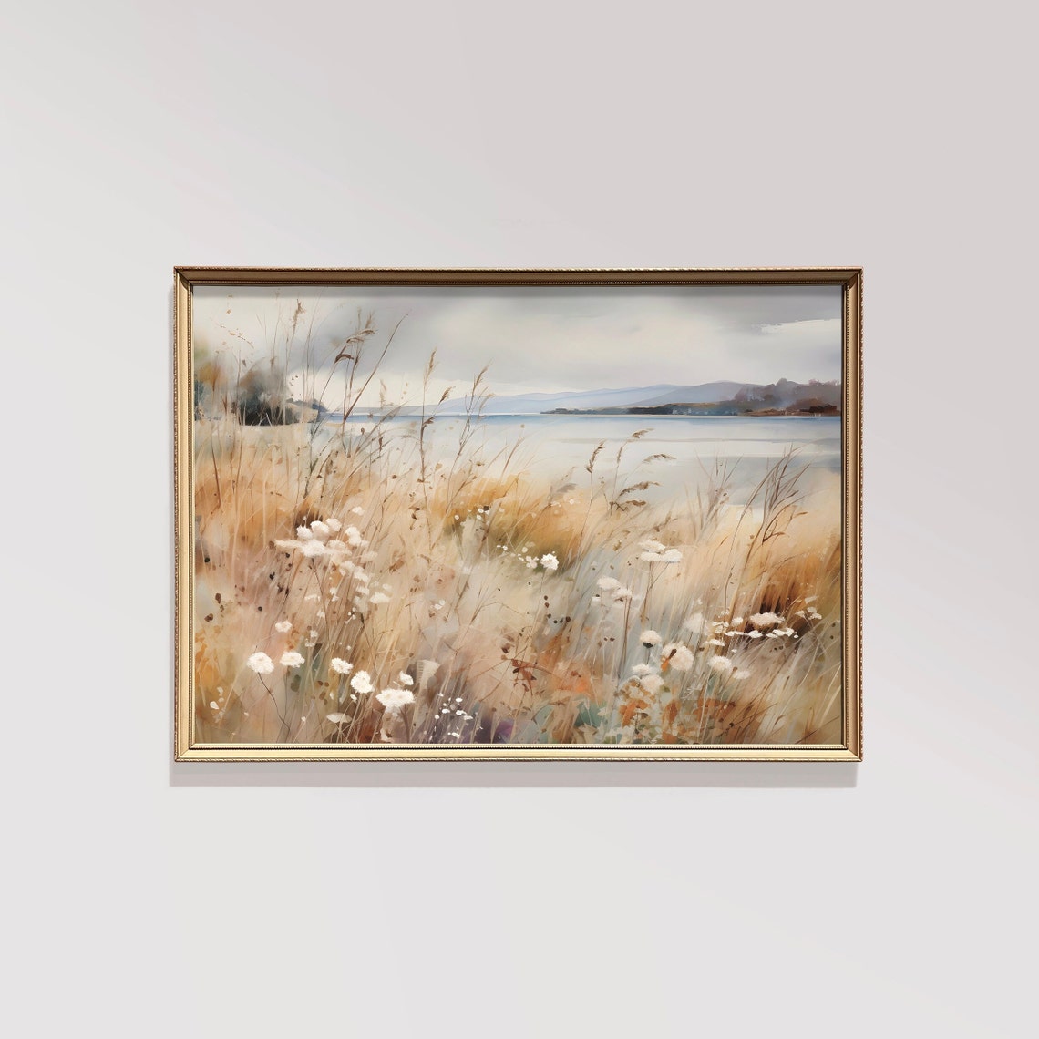 Watercolor Grasses and White Wildflowers Lakeside Neutral Print - Image 3