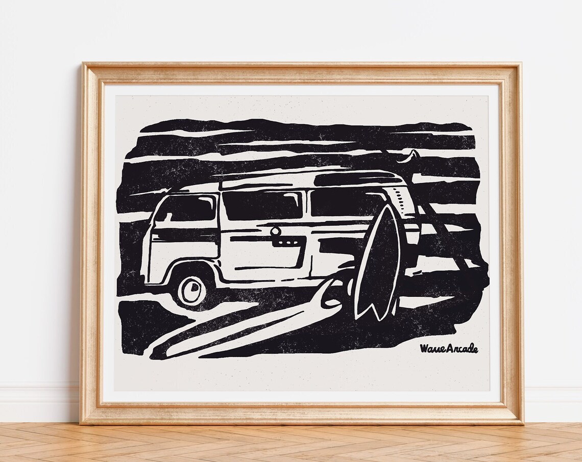 Vw Surf Van 4 Surf Art Print Black White Illustration Coastal Room Decor Modern Beach House Wall Art Boho Style