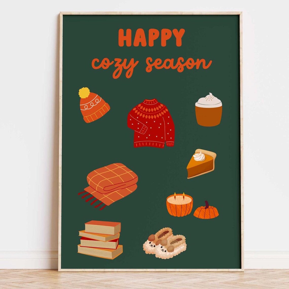 Happy Cozy Season Fall Icons Pumpkin Blanket Dark Green Poster