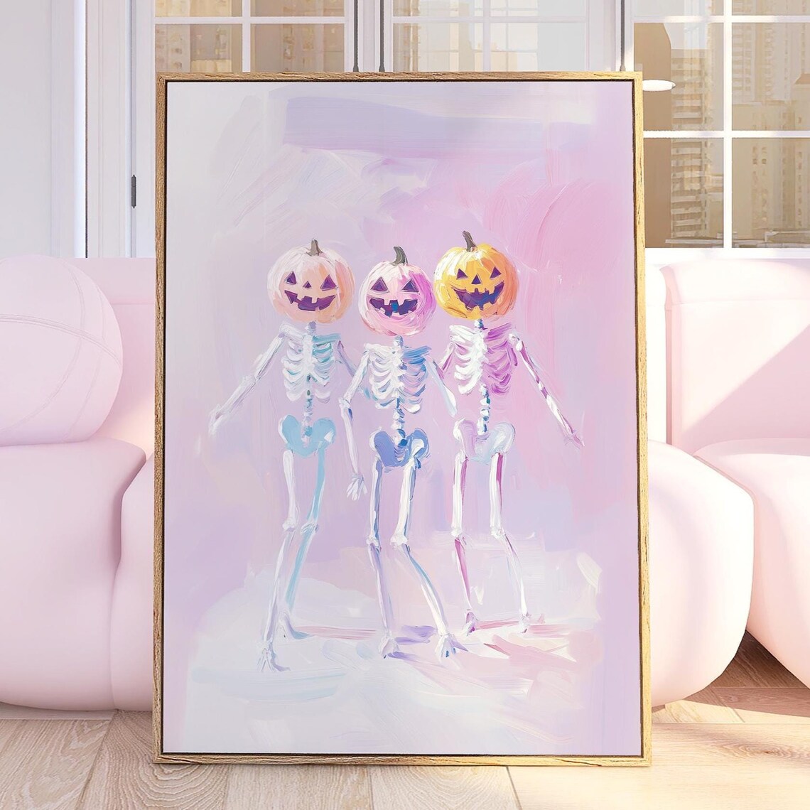 Halloween Pumpkin Skeleton Trio Wall Art Pastel Spooky Cute Ghostly Jack Olantern