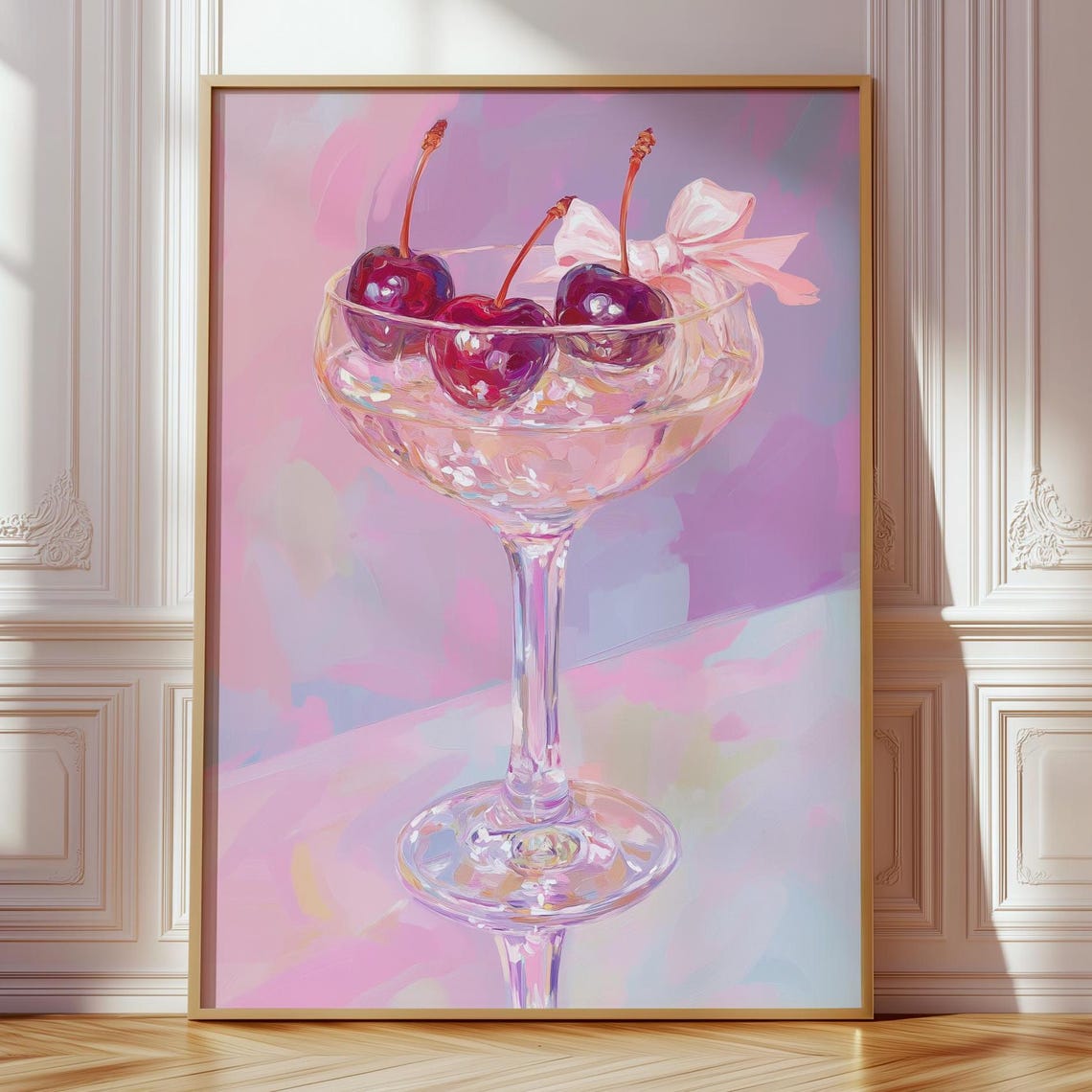 Cherry Cocktail Coupe Glass Pink Bow Glam Coquette Bar Cart Art Poster