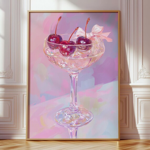 Cherry Cocktail Coupe Glass Pink Bow Glam Coquette Bar Cart Art Poster