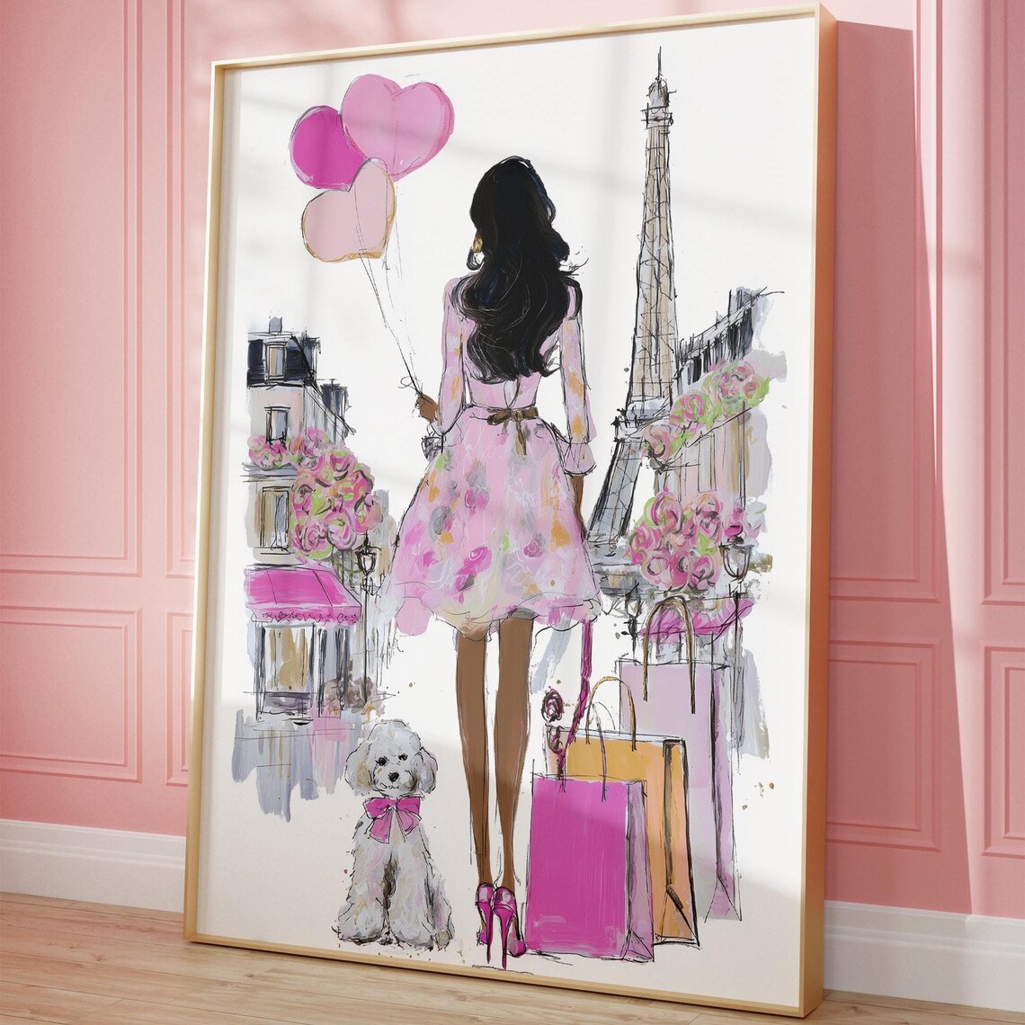 Girl In Paris With Heart Balloons And Dog Romantic Wall Art Fashion Print Girly Bedroom Decor Coquette Poster