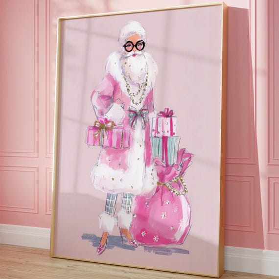 Watercolor Pink Santa Pastel Holiday Wall Art Girly Christmas Dcor Illustration Cute Xmas