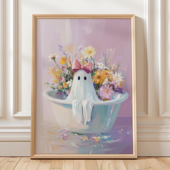 In Bathtub With Florals Wall Art Print Coquette Pastel Halloween Decor Cute Spooky Bath Printout Autumn October