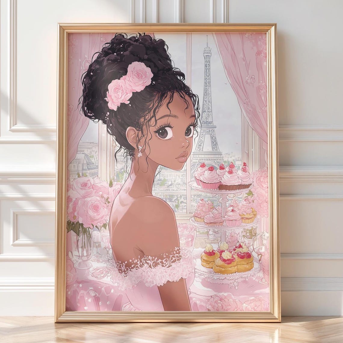 Cute Paris Anime Girl Eiffel Tower Pink Rose Cupcake Art Poster