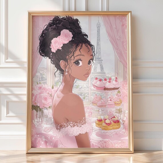 Black Girl With Pastries In Paris Eiffel Tower Print Pastry Wall Art Pink Dessert Room Decor Coquette