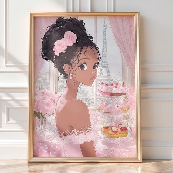 Cute Paris Anime Girl Eiffel Tower Pink Rose Cupcake Art Poster