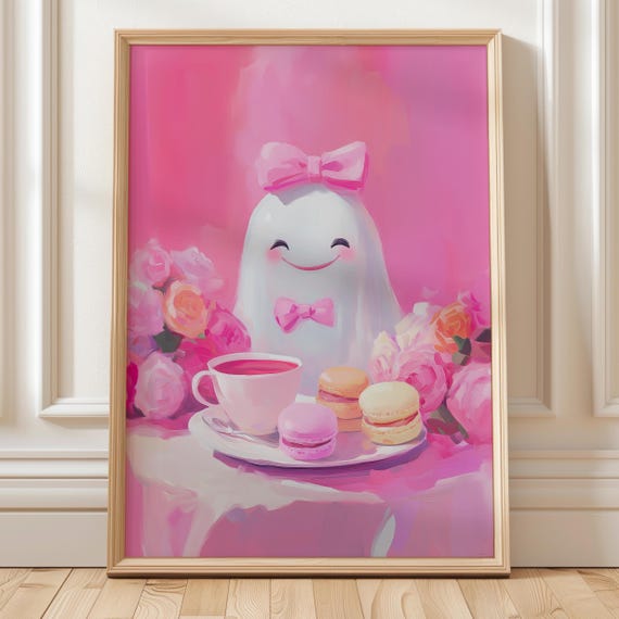 Cute Halloween Tea Party Wall Art Print Pink Girly Illustration Bow And Macarons October Poster Printout