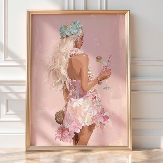 Chic Tropical Cocktail Blonde Woman Floral Dress Pink Art Poster