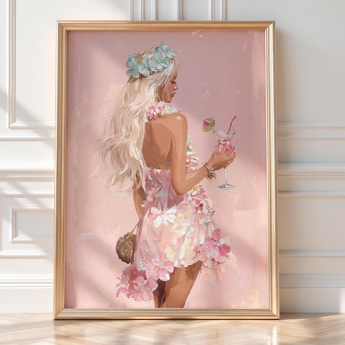 Chic Tropical Cocktail Blonde Woman Floral Dress Pink Art Poster