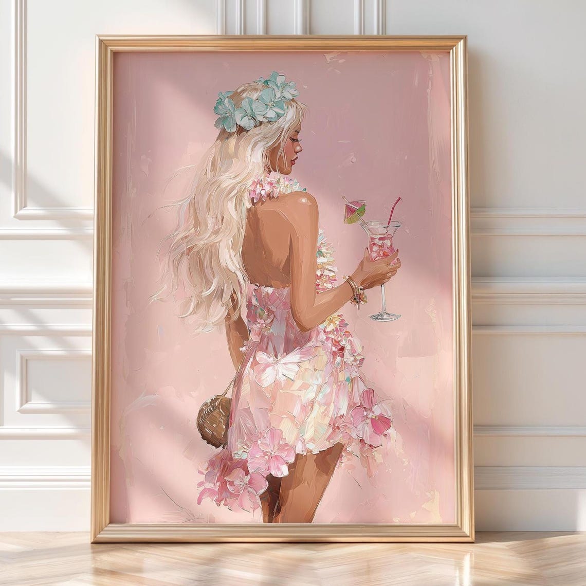 Tropical Blonde Girl Wall Art Pink Floral Dress Painting Island Cocktail Print Coquette Beach Glam Poster