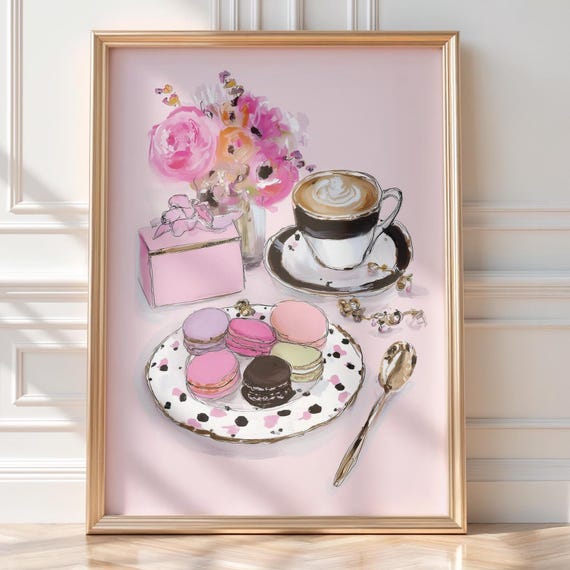 Paris Caf Wall Art Macarons Coffee Print French Dessert Illustration Coquette Pink Feminine Room Decor