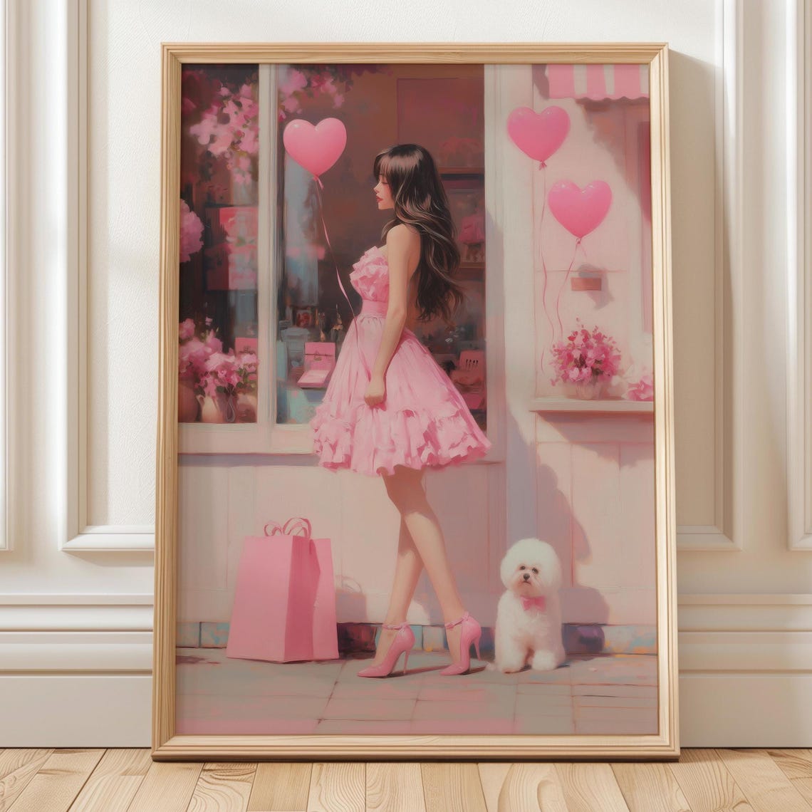 Asian Girl Wall Art Girly Pink Fashion Print With Dog Heart Balloons Boutique Glam Dcor Poster For Apartment Bedroom