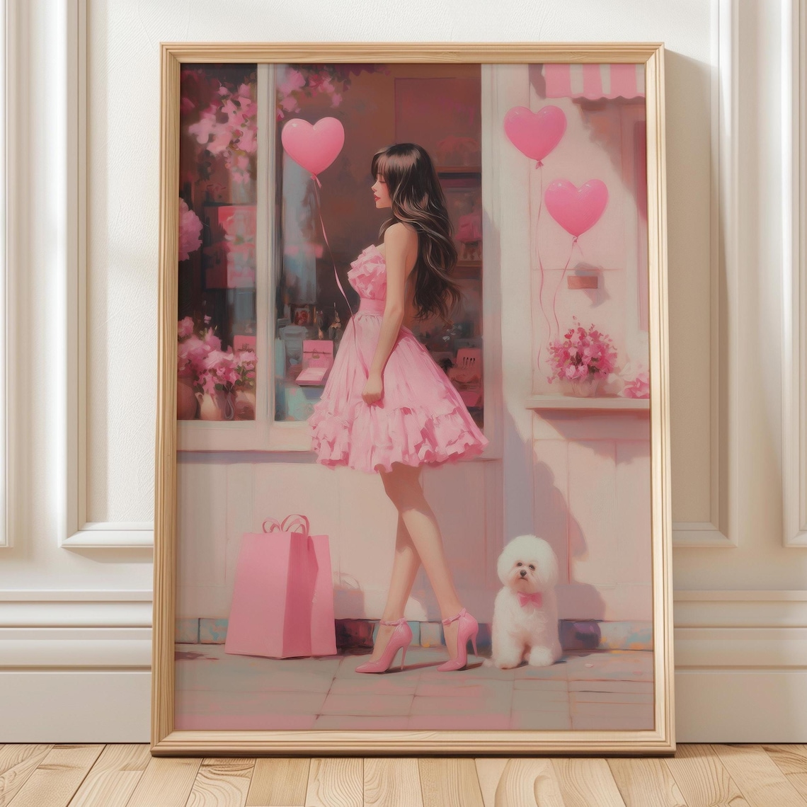 Pink Fashion Girl With Bichon Dog Heart Balloons Boutique Poster
