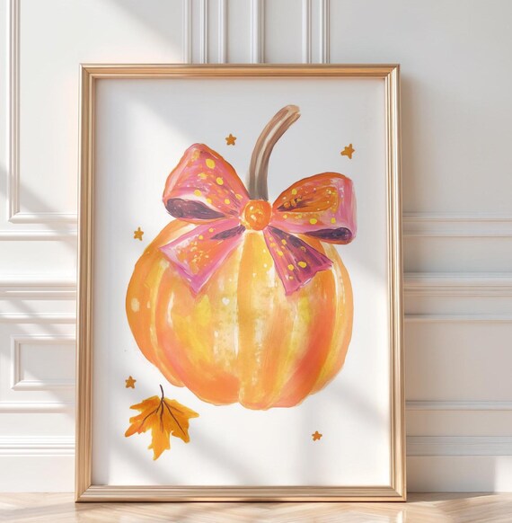 Pumpkin Fall Wall Art Girly Coquette Halloween Autumn Poster Print October Orange Gourd Painting Decor