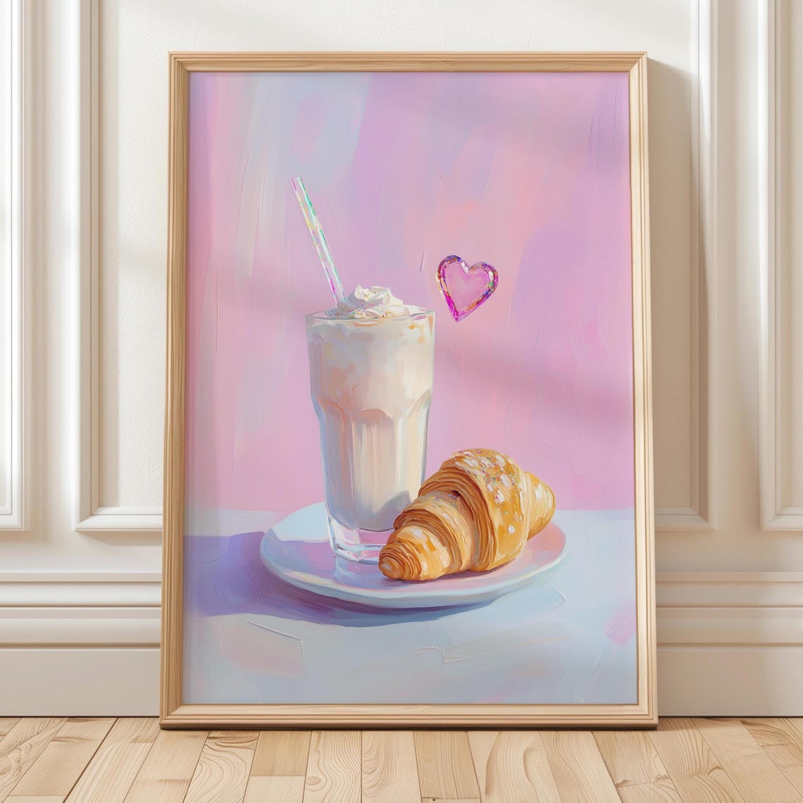 Pastel Pink Latte And Croissant Coquette Cafe Breakfast Art Poster