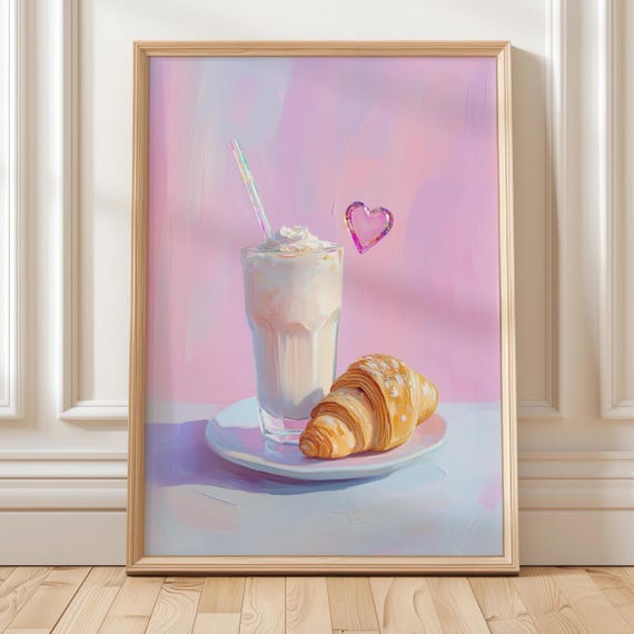 Pastel Croissant And Latte Wall Art With Heart Cute Caf Kitchen Print Pink Coquette Food Printout