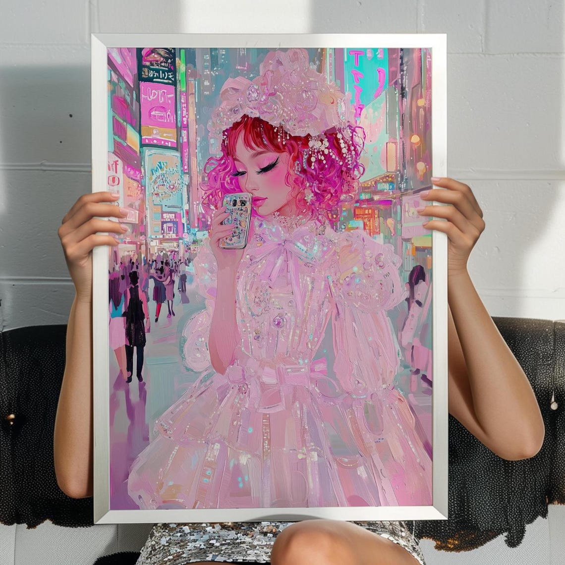 Pinkhaired Hime Gyaru In Shibuya Wall Art Tokyo City Lights Painting Harajuku Fashion Girl Illustration