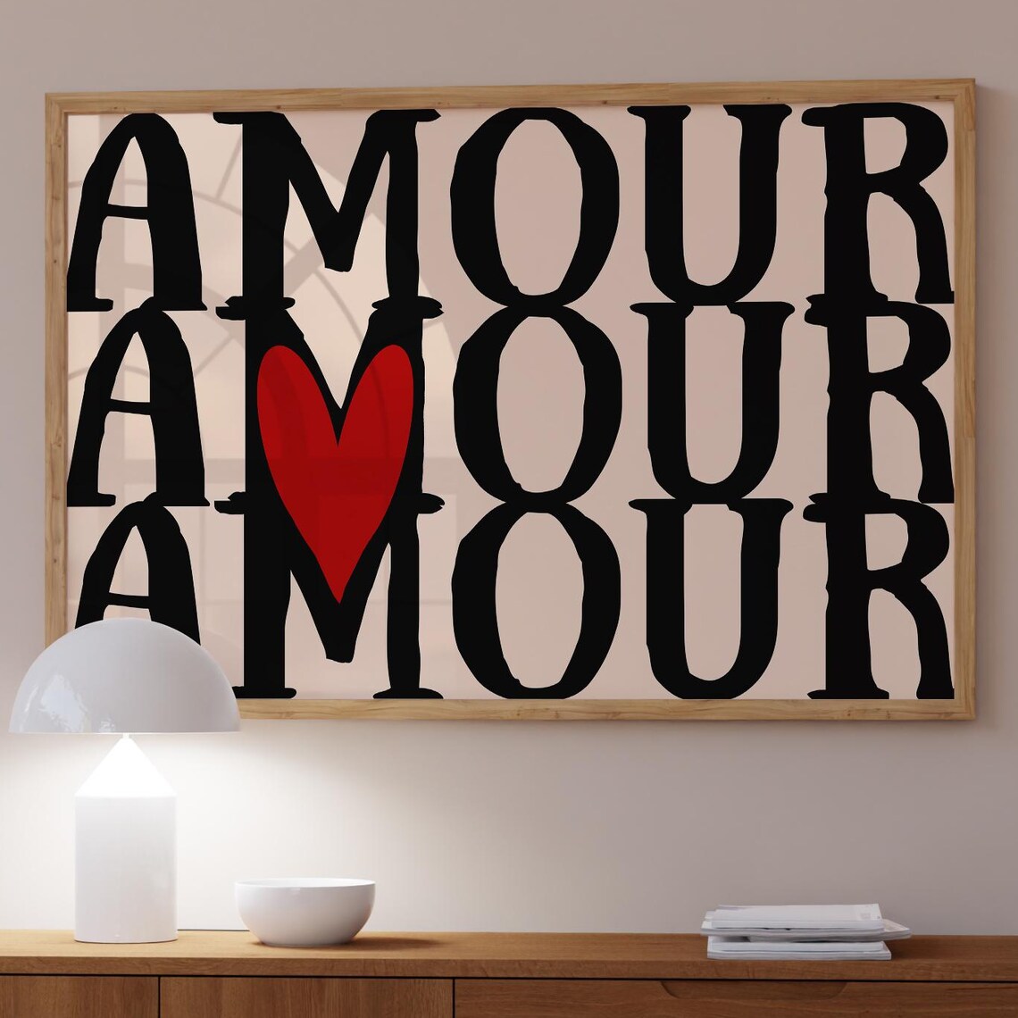 Amour Repeated Typography Red Heart Minimalist French Love Wall Art